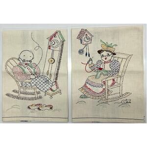 Vintage 2 Handmade Embroidery Kitchen Dish Towels Grandma Grandpa Rock'n NEW